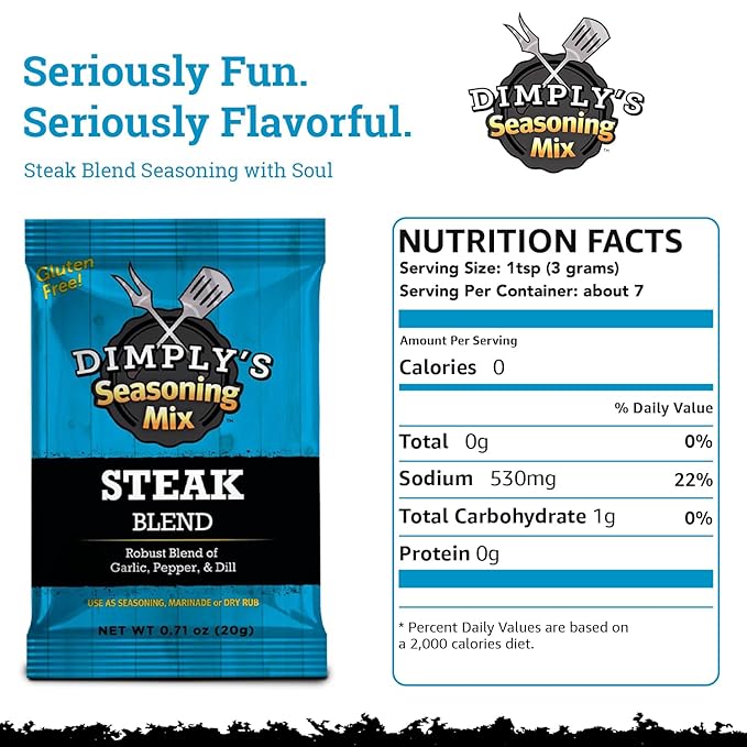 Dimply's Steak Seasoning Mix – 6 Pack, Single Serve Dry Rub and Marinade – Garlic Pepper Dill Blend