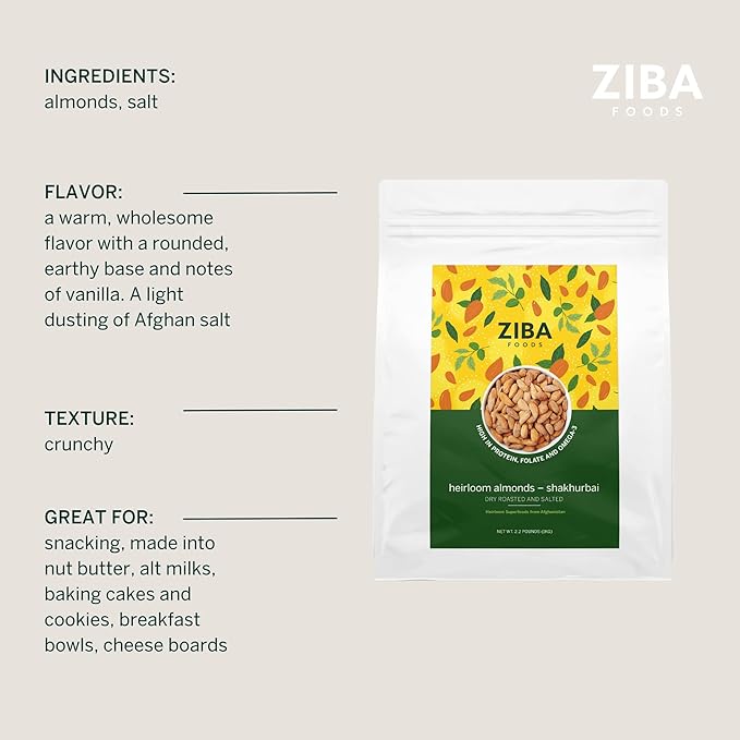 Ziba Foods Heirloom Shakhurbai Almonds | Salted & Dry Roasted Almonds | Non-GMO, Vegan, Gluten Free