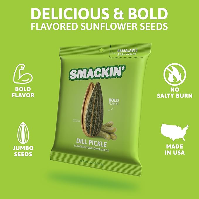 SMACKIN' - Jumbo Roasted Sunflower Seeds, No Salty Burn, American Made, Easy Pour & Seal - Dill