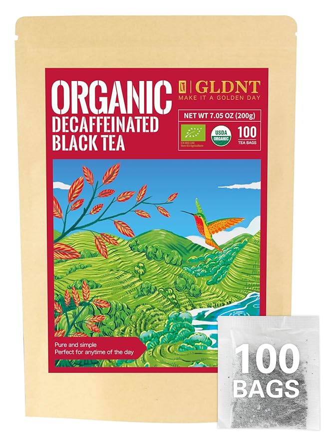 GLDNT Organic Decaf Black Tea Bags, Organic Black Tea Decaffeinated, Smooth Taste, Iced & Hot Tea