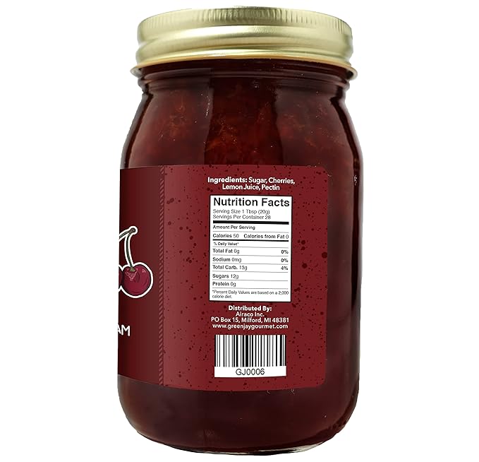 Green Jay Gourmet Cherry Jam - All-Natural Fruit Jam with Cherries & Lemon Juice - Vegan