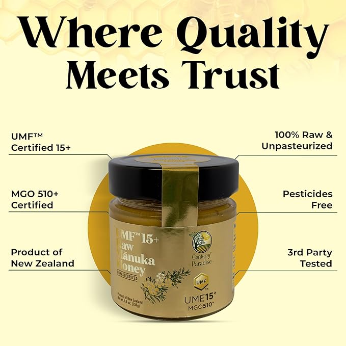 Center of Paradise Raw Manuka Honey Certified UMF 15+ | MGO 510+ (250g / 8.8oz) Glass Jar - Pure &