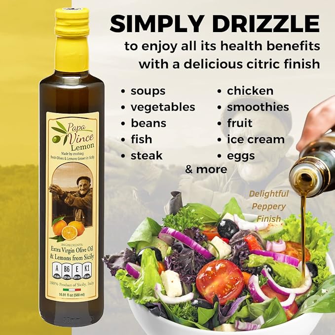 Papa Vince Olive Oil Extra Virgin - First Cold Pressed, Polyphenol Rich Olive Oil (EVOO). Lemon