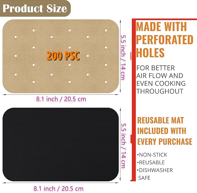 WMKGG Rectangular Air Fryer Parchment Paper, 200 PCS Disposable Perforated Air Fryer Liners with 2