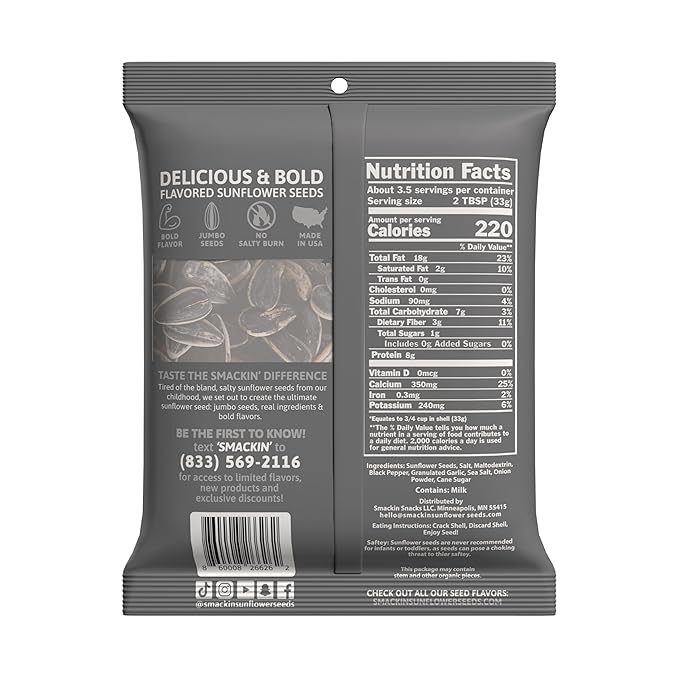 SMACKIN' - Jumbo Roasted Sunflower Seeds, No Salty Burn, American Made, Easy Pour & Seal - Cracked