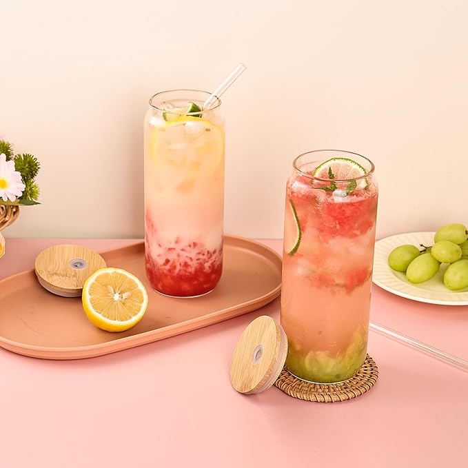 YUNCANG 6 Pack Bamboo Lid Glass Drinking Glasses with Glass Straw - 20-ounce Can Shaped Glassware