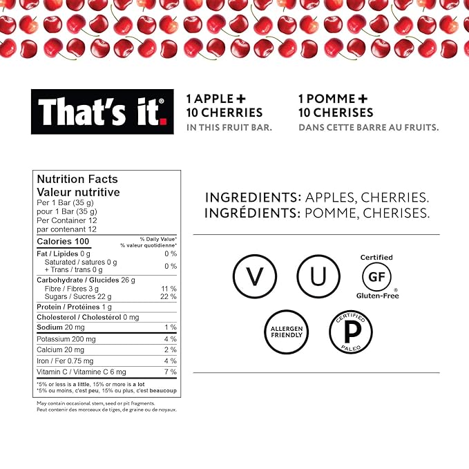 That's it. Apples + Cherry 100% Natural Real Fruit Bar, Best High Fiber Vegan, Gluten Free Healthy