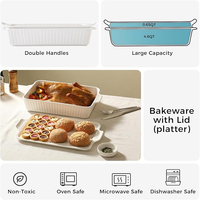 Dizada Large Casserole Dish with Lid, Deep 5.2-Qt (9"x13") 2-in-1 Ceramic Baking Dish with Ceramic