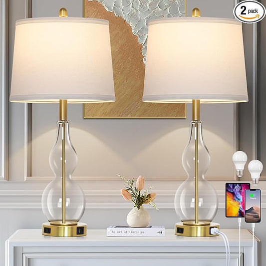 27.5" Clear Glass Table Lamp Set of 2,3-Way Dimmable Touch Control Bedside Lamps with USB Ports and