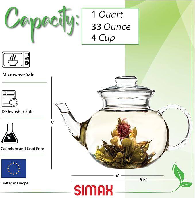 Simax Glassware 33 Ounce Glass Teapot | With Spout, Microwave and Stovetop Safe, Heat, Cold, and