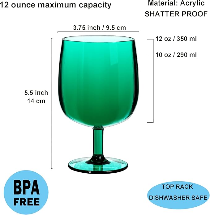 KX-WARE Classic Acrylic All-Purpose Wine Glasses, 12-ounce Plastic Stem Wine Glasses, set of 8