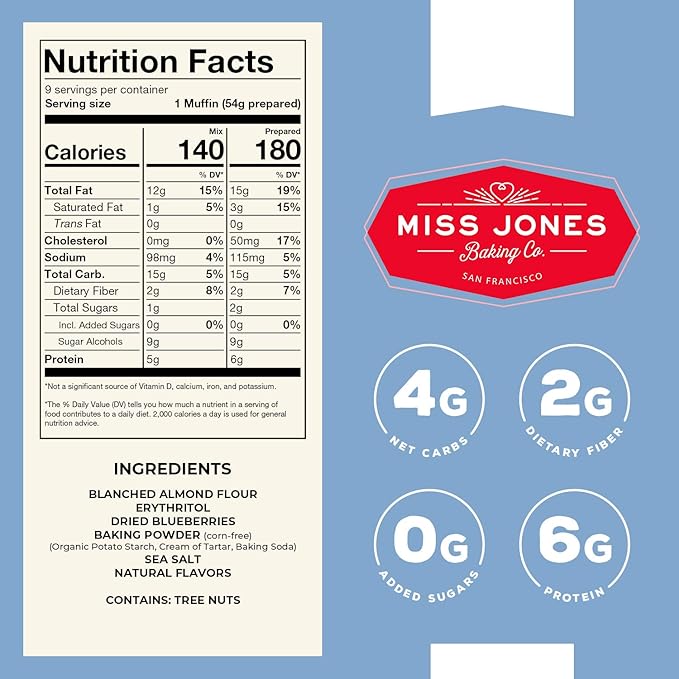 Miss Jones Baking Blueberry Muffin Mix - Almond Flour, Gluten Free, Low Carb, No Sugar Added
