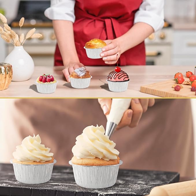 Aluminum Foil Baking Cups, 150 Pack Disposable 5 Oz Ramekins Aluminum Cupcake Muffin Liners Silver