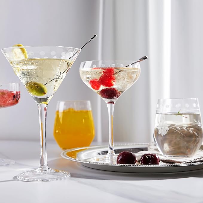 Premium Delight Coupe Glasses Set of 4, 10.8 oz – Hand-Blown with Etched Long Stem, Classic