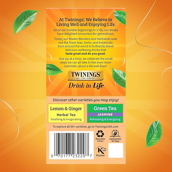 Twinings Peach & Orange Herbal Tea Individually Wrapped Bags, 20 Count (Pack of 6), Juicy & Fruity