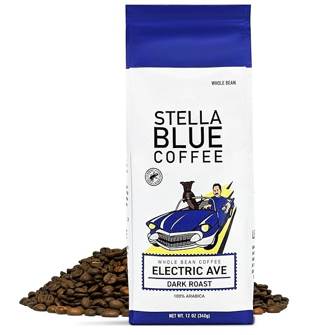 Stella Blue Whole Bean Coffee, Electric Avenue Blend, Dark Roast, Toffee, Dark Chocolate & Subtle