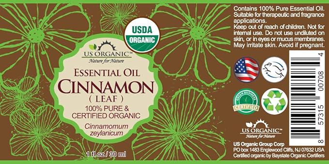 US Organic 100% Pure Cinnamon Leaf Essential Oil - USDA Certified Organic, Steam Distilled - W/Euro