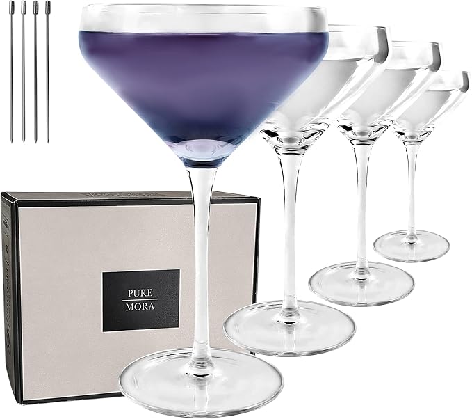 PURE MORA The Remy Coupe - Set of 4, 8oz Handblown Premium Crystal Martini Glasses for Cocktail