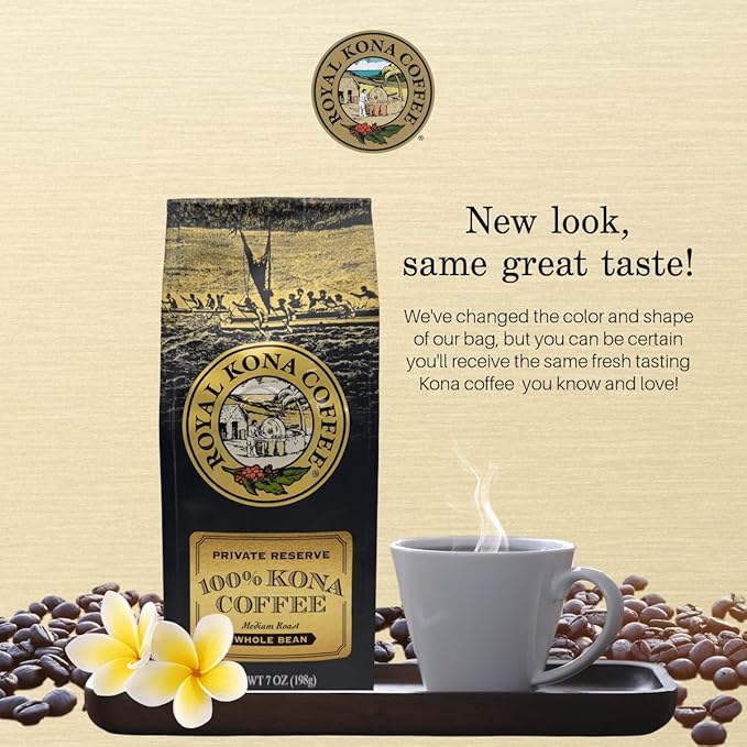 ROYAL KONA COFFEE Whole Bean - 100% Hawaiian Kona Coffee, Private Reserve, Medium Roast, (Pack of 2)
