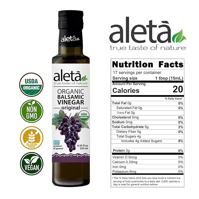 Aleta Farms Balsamic Vinegar, USDA Organic, Aged Flavored Vinegar, Perfect for Salad Dressings