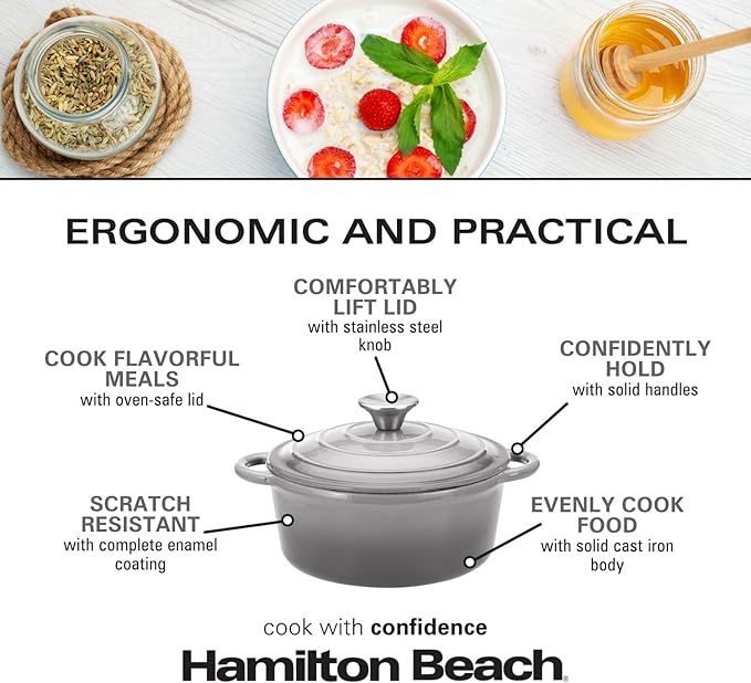 Hamilton Beach 3-Quart Enameled Cast Iron Dutch Oven with Lid | Cream Interior for Even Heat