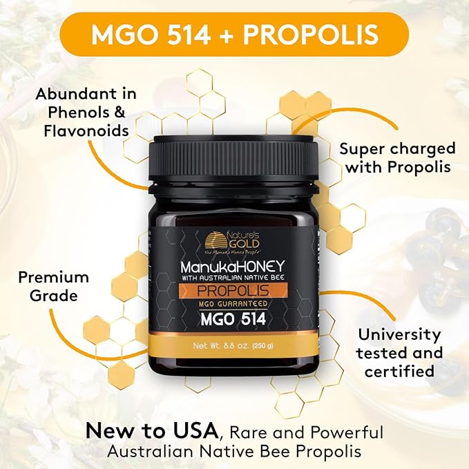Nature’s Gold Raw Manuka Honey with Australian Native Bee Propolis, MGO 514+ | 8.8oz (250g), 100%