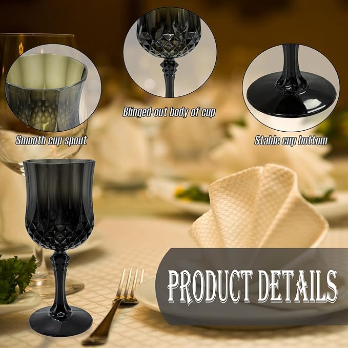 24 PCS Black Plastic Wine Glasses,Reusable Plastic Wine Glasses,Black Goblet Glass,Durable and