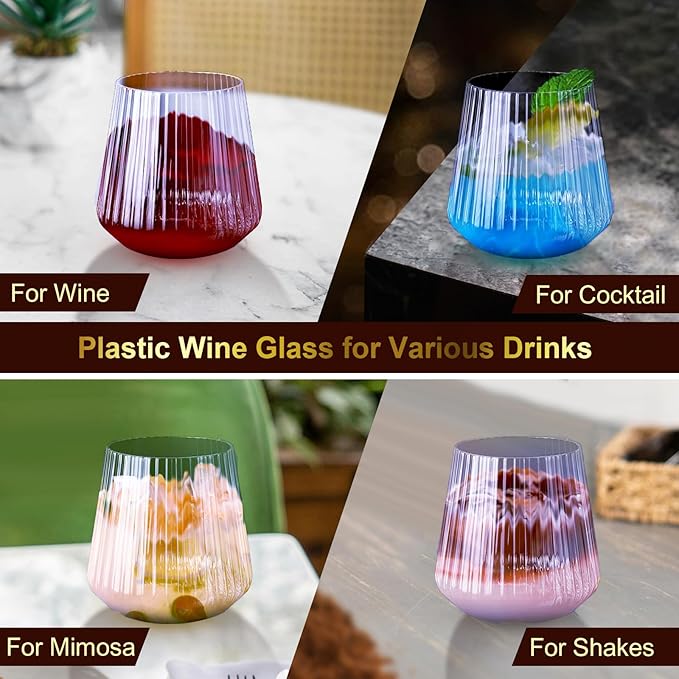 40 Pack Plastic Ribbed Wine Glasses, 14Oz Origami Disposable Wine Glasses Unbreakable Clear Plastic