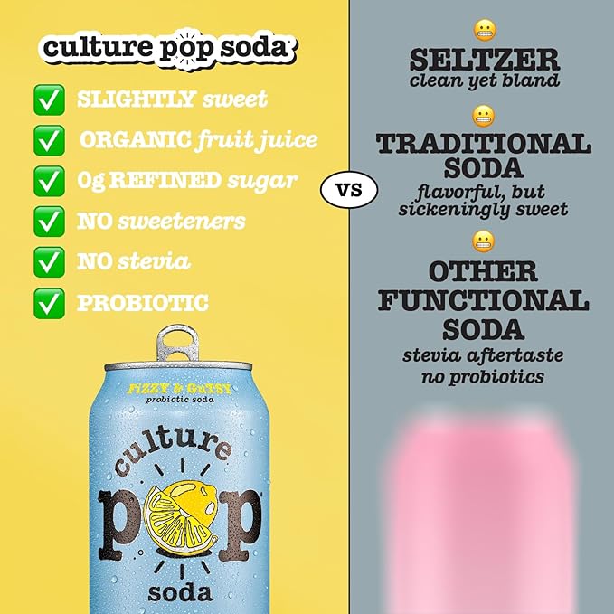 Culture Pop Soda, Ginger Lemon & Turmeric, Probiotic Low Sugar Soda, Sparkling Juice Alternative