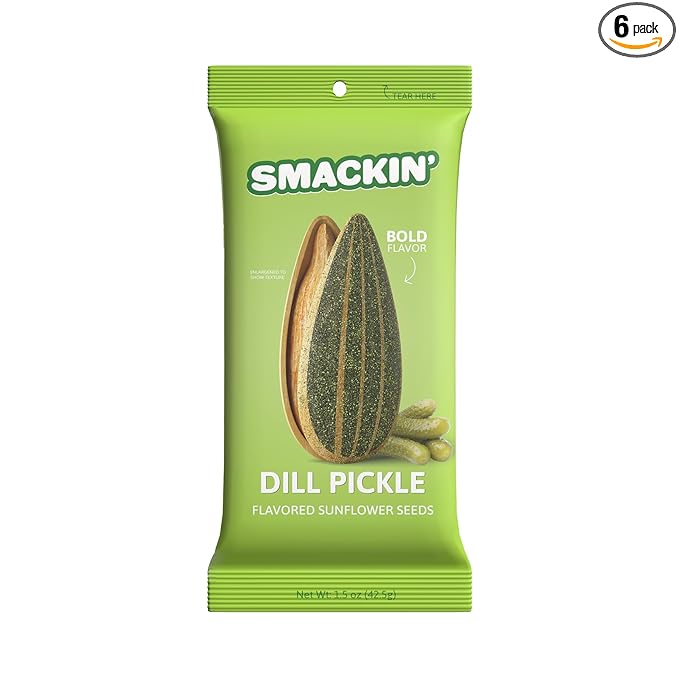 SMACKIN' Sunflower Seeds, Roasted Jumbo Small-Batch, American Made - Dill Pickle. 1.5oz bags (6