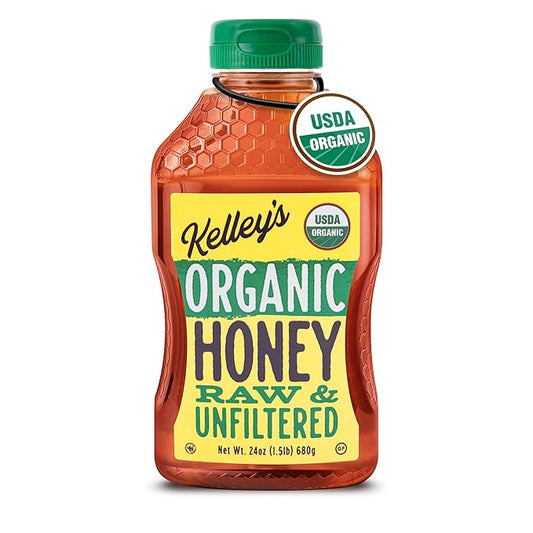 Kelley's 100% Organic Raw & Unfiltered Honey, USDA Certified, 24 Oz – All Natural, Flavor-Rich