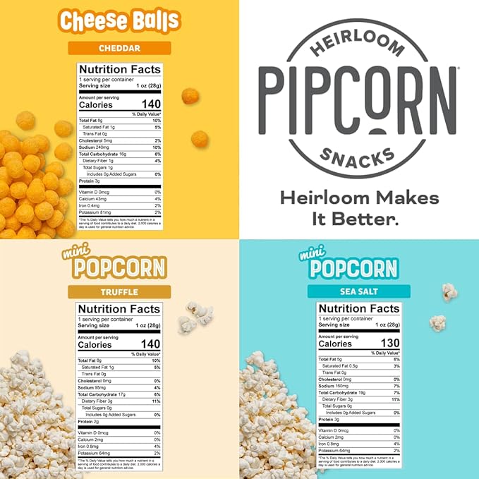 Heirloom Snack Variety Pack by Pipcorn - 1oz 24pk - with Cheese Balls and Mini Popcorn, Healthy
