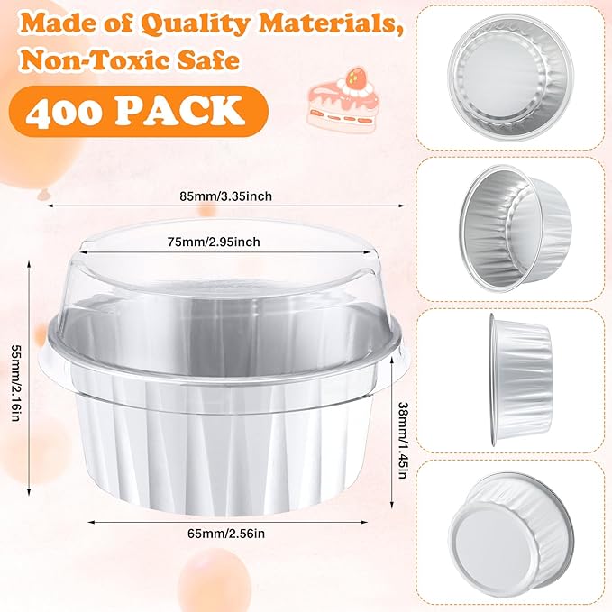 Gejoy 400 Pcs Aluminum Foil Baking Cups with Lids 5 oz Disposable Ramekins Mini Cake Pans Creme