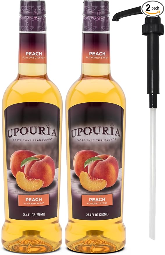 Upouria Peach Syrup Flavoring, 100% Vegan, Gluten-Free, Kosher, 750ml bottle (Pack of 2) with 1
