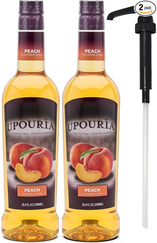 Upouria Peach Syrup Flavoring, 100% Vegan, Gluten-Free, Kosher, 750ml bottle (Pack of 2) with 1