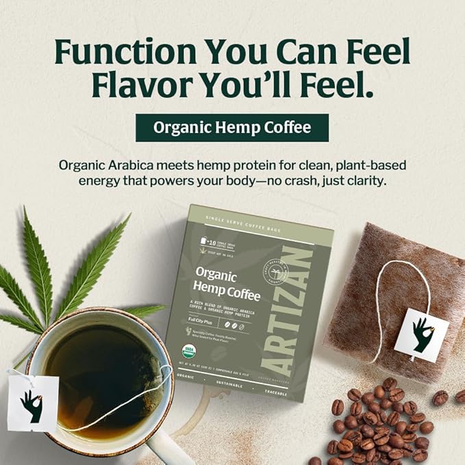 Artizan Coffee Roasters Organic Hemp Coffee Fusion – Single-Serve Bags | Full City Plus Roast | 20