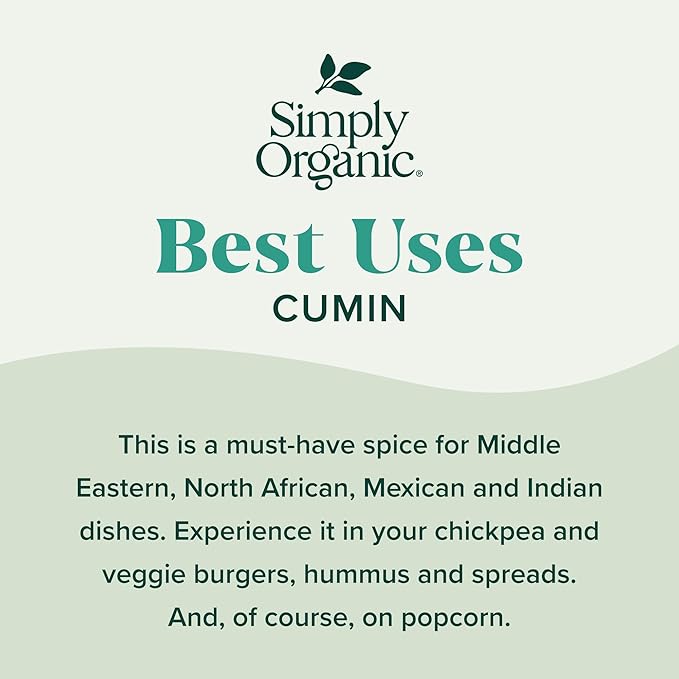 Simply Organic Ground Cumin Seed, 2.31 Ounce Glass Jar, Rich, Warm, Complex Earthy Spice Flavor