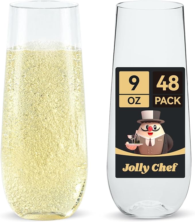 JOLLY CHEF 48 Pack Stemless Plastic Champagne Flutes 9 oz, Crystal Clear Stemless Plastic Toasting
