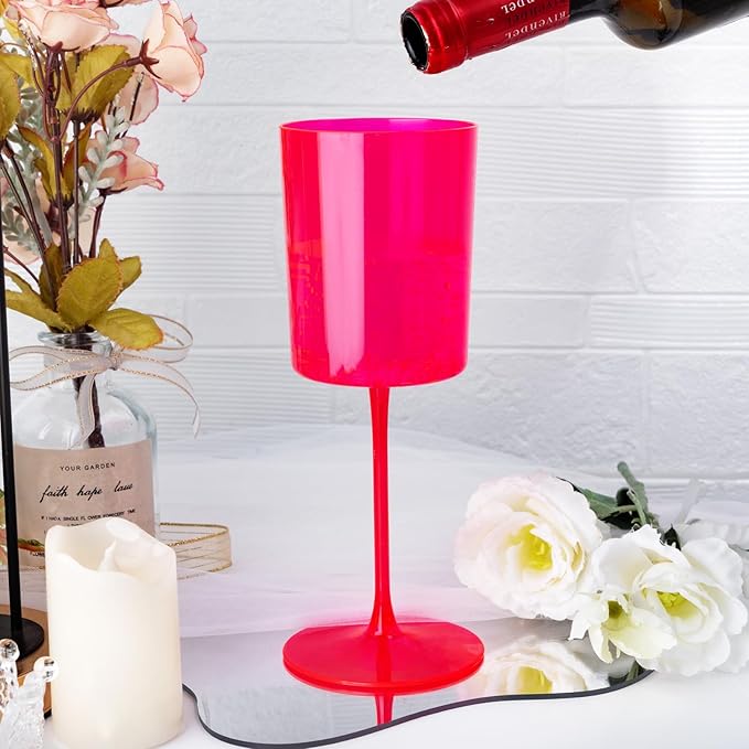 Ciaell 12 Pack Plastic Wine Glasses - 14Oz Hot Pink Plastic Wine Glasses With Stem - Disposable