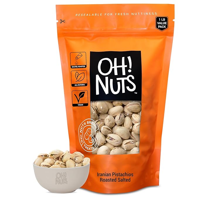 Oh! Nuts Pistachios Iranian Style - Roasted Lightly Salted - 1 lb - Shelled Whole Nuts - Packed in