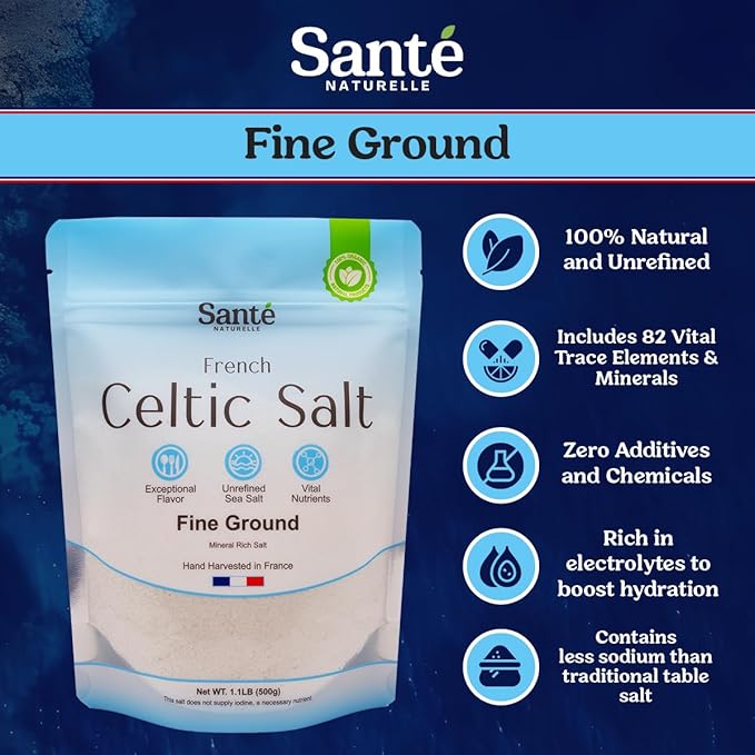 Sante Fine Ground Sea Salt From the Celtic Sea - 1.1lb (18oz) Pack of 3, Unrefined Organic French