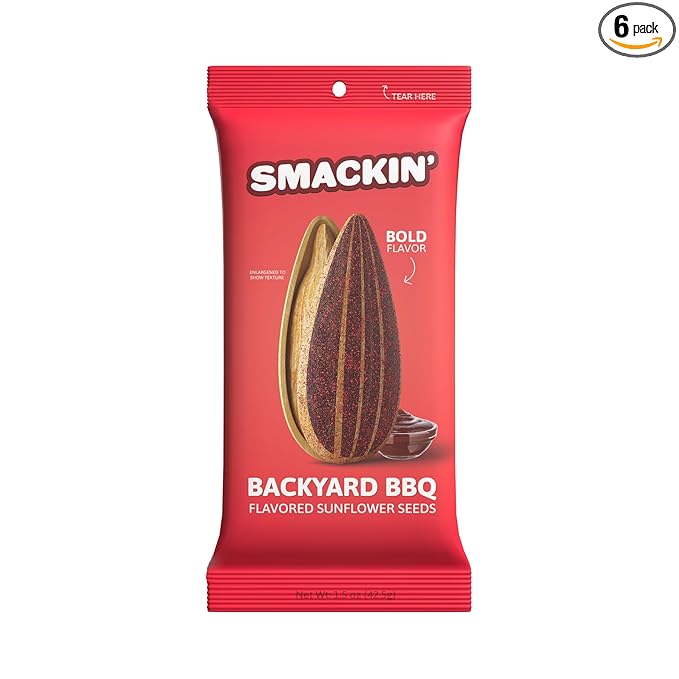SMACKIN' Sunflower Seeds, Roasted Jumbo Small-Batch, American Made - Backyard BBQ. 1.5oz bags (6