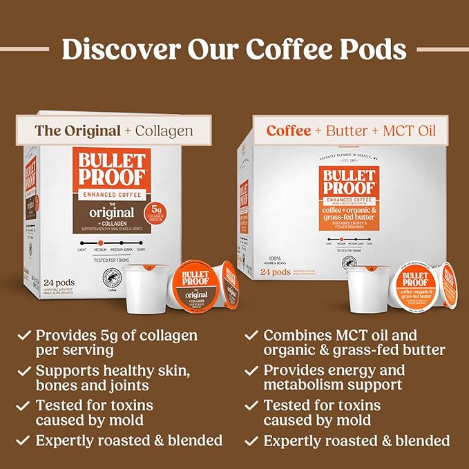 Bulletproof Coffee + Collagen Single-Serve Coffee Pods, 24 Count, Clean Coffee Tested for Toxins