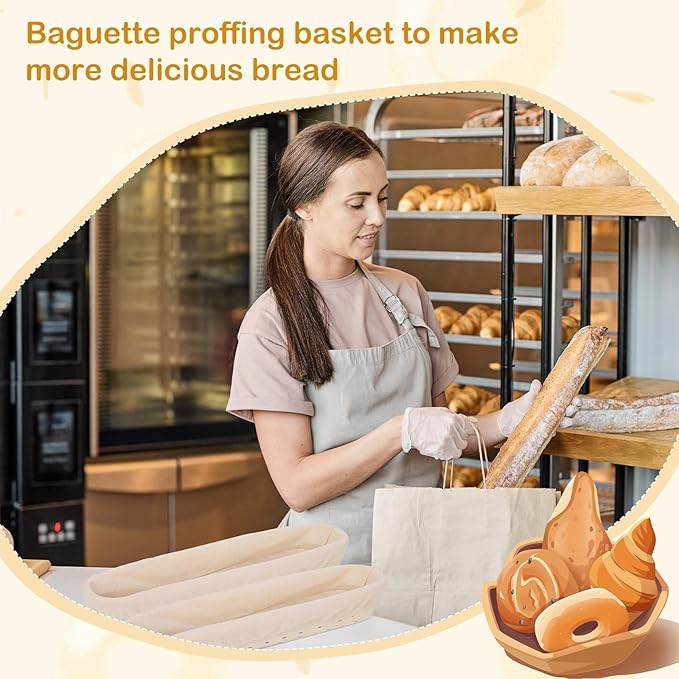 Vesici 15 Inches Baguette Banneton Proofing Basket 6 Pack with Linen Liner Baguette Banneton Bread