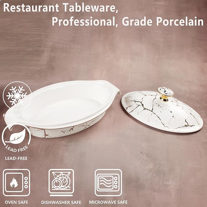 8" x 5" Ceramic Casserole Dish with Lid, 15 Ounce Serving Soup Tureen,Chafing Dish for Buffet