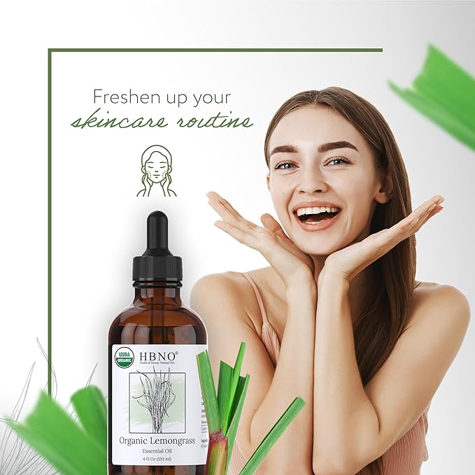 HBNO Organic Lemongrass Essential Oil - Huge 4 oz (120ml) Value Size - USDA Certified Organic