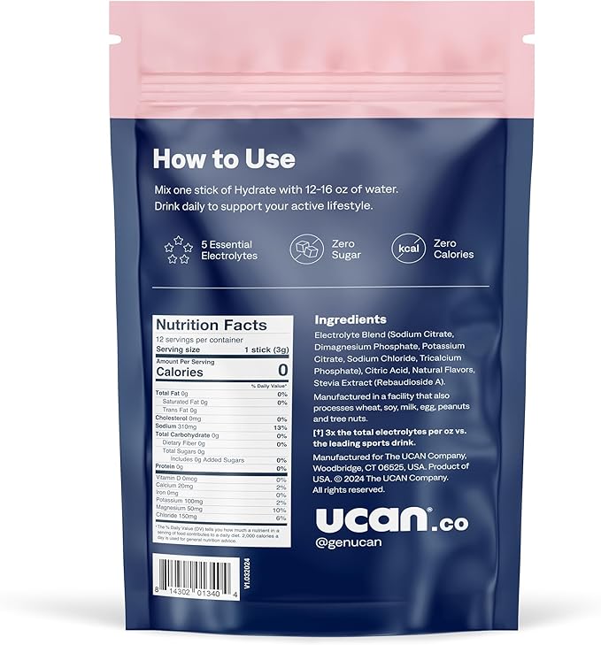 UCAN Hydrate Electrolyte Drink Mix (Watermelon, 12 Stickpacks) Sugar-Free, Keto-Friendly, Vegan