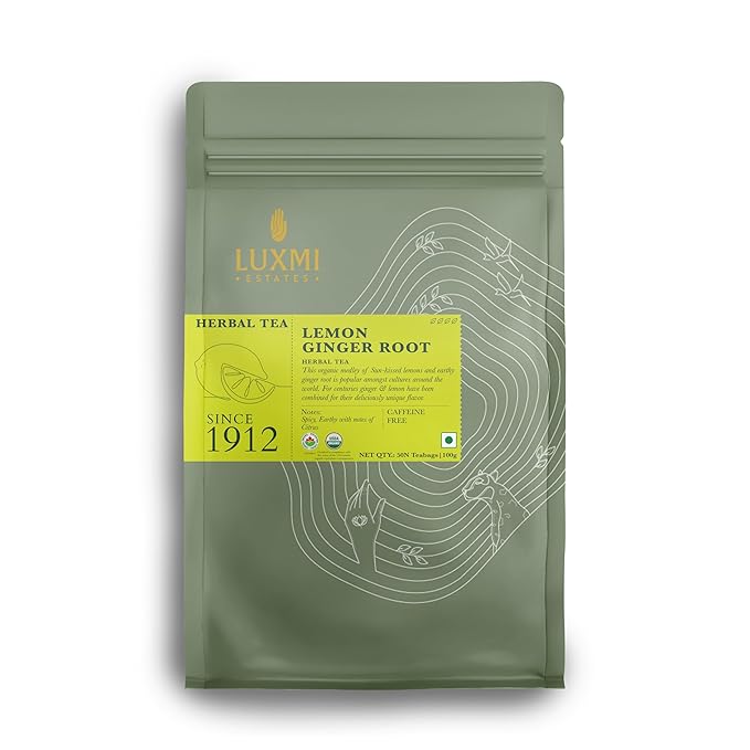 Luxmi Estates Organic Lemon Ginger Tea (50 Tea Bags), Lemon Peel, Ginger, Lemongrass and Licorice