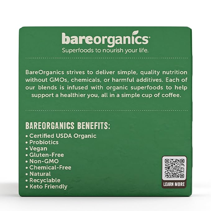 BareOrganics Energy Medium Roast Coffee, Organic, 10 K-Cup Pods, Superfoods & Probiotics Infused