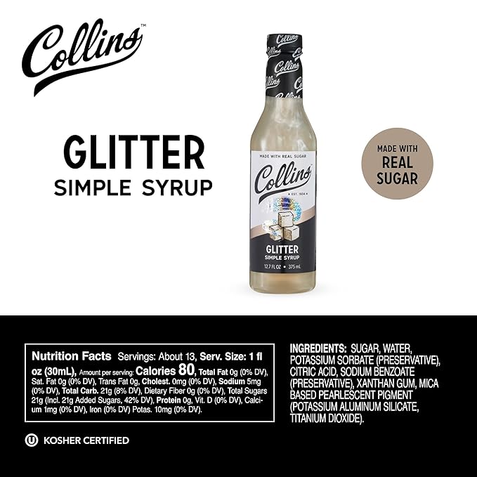 Collins Glitter Simple Syrup, Sparkle Cocktail Mixer with Edible Shimmer, Made with Real Sugar, No